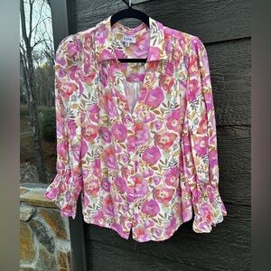 Fate Floral Print Button Front Blouse Women's Size M Pink Long Sleeve Ruffle